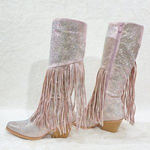 Pink Fringe Heeled Boots with Western Flair